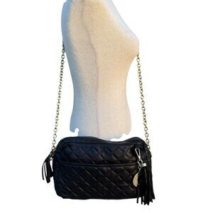 Isaac Mizrahi Black Quilted Leather Crossbody Bag Gold Chain Strap Tassel Accent